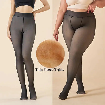 Elegant Women's Insulated Translucent Fleece Tights, showcasing a model wearing chic, thin fleece tights, highlighting warmth and style for all occasions.