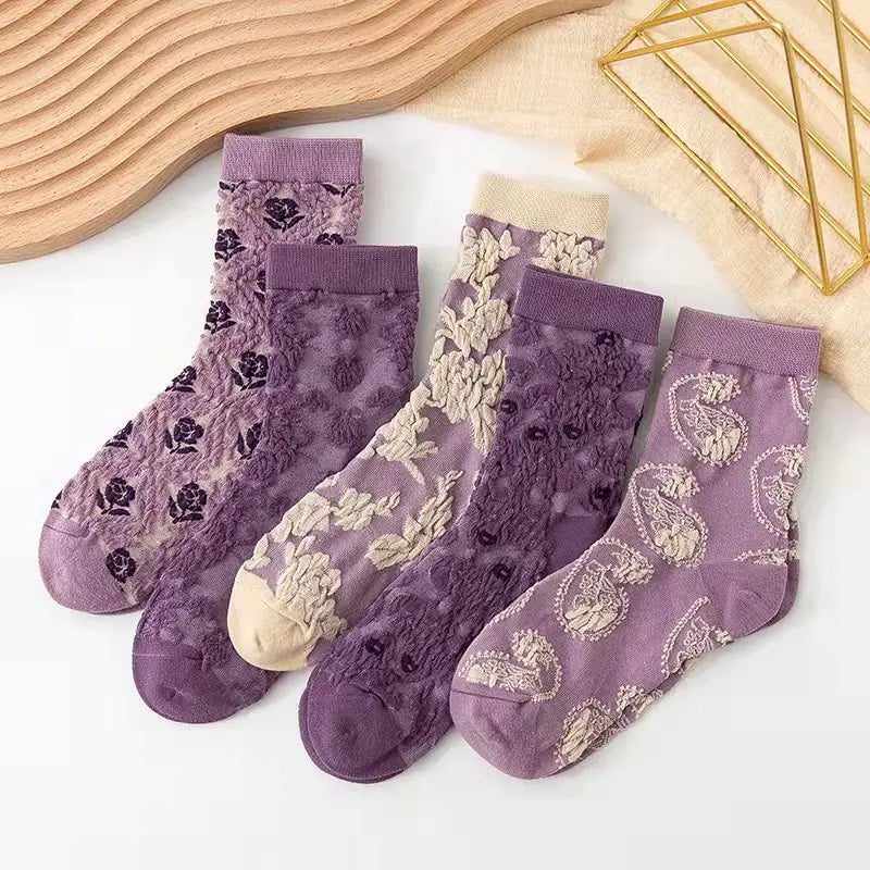 5 Pairs Women's Vintage Flower Embroidery Socks