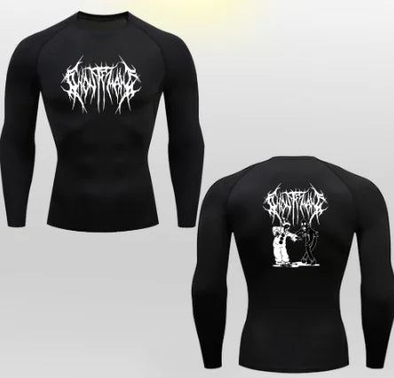 Chic black long-sleeve athletic t-shirt adorned with an elegant white print, tailored for elegance and functionality in fitness activities.