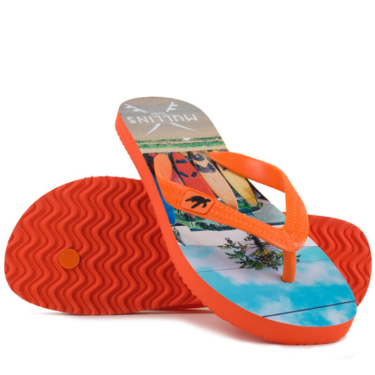 Close-up view of Mullins Surf luxury flip flops showcasing their vibrant orange colour and premium quality design details.