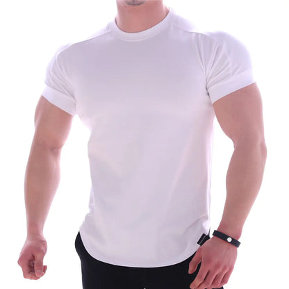 Sophisticated men's athletic compression T-shirt in pristine white, crafted for peak performance, featuring a tailored fit and swift-drying milk silk material.