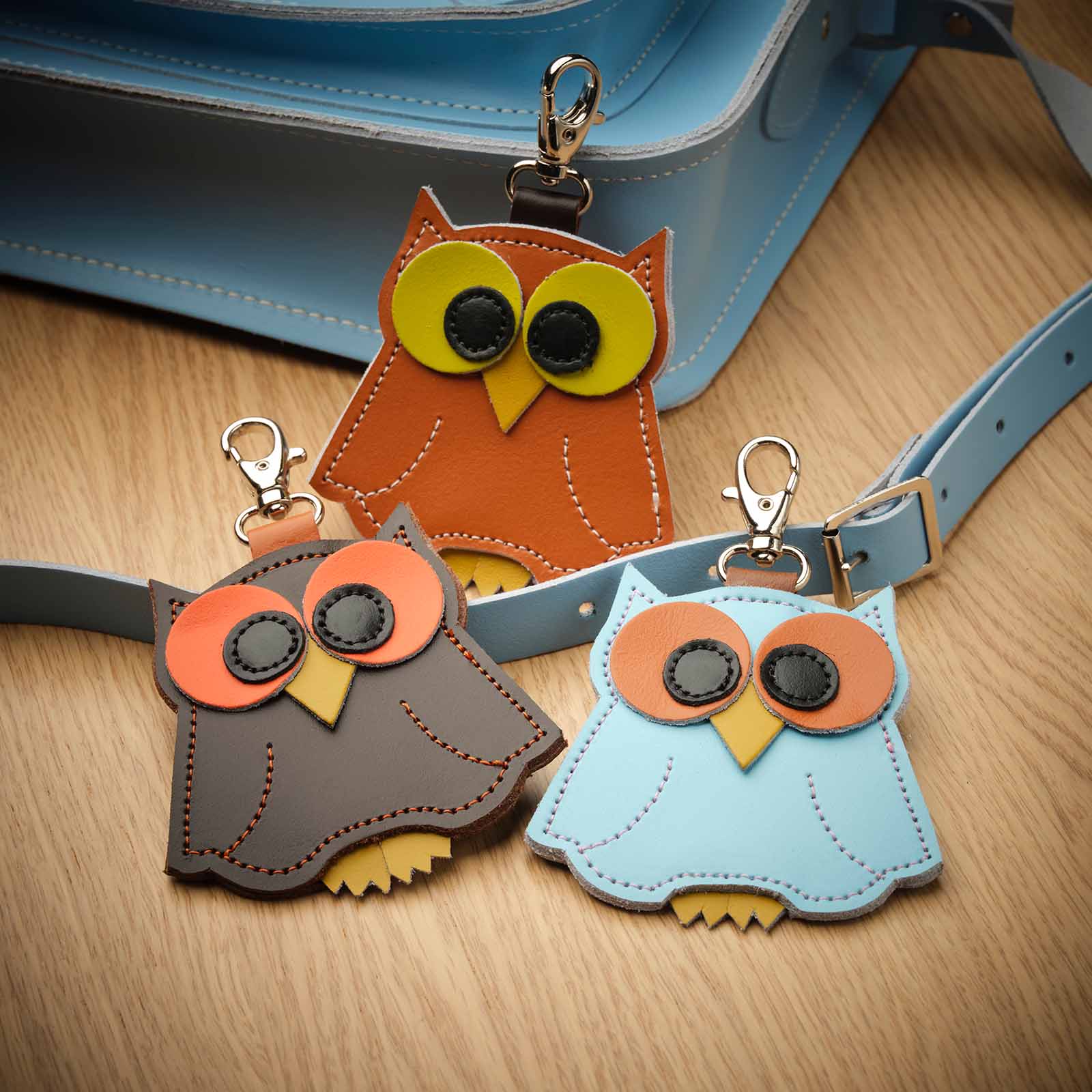 Elegant Zatchels Owl Bag Charm showcasing its vibrant colours and iconic design, a charming accessory made with care in England.