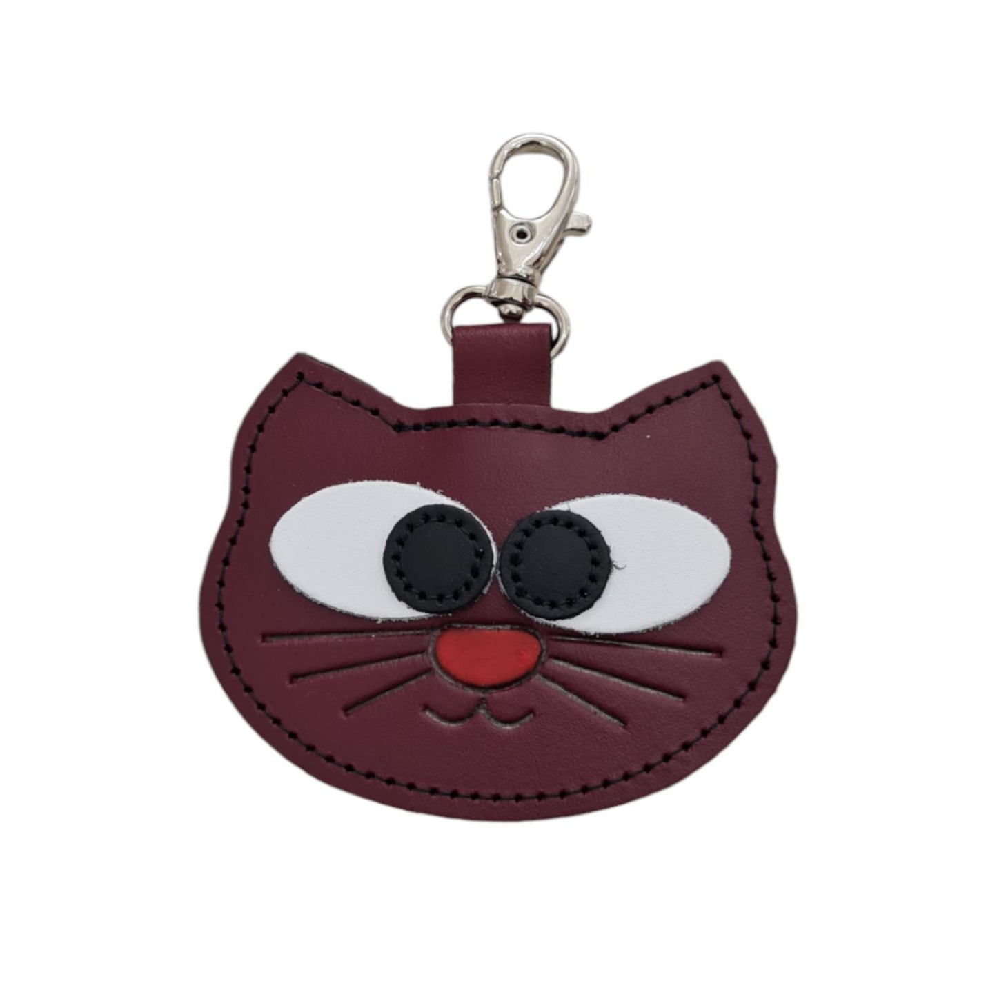 Handcrafted Oxblood Red Cat Bag Charm by Zatchels, featuring a luxurious leather design with a unique handcrafted finish, ideal for embellishing handbags and luggage.