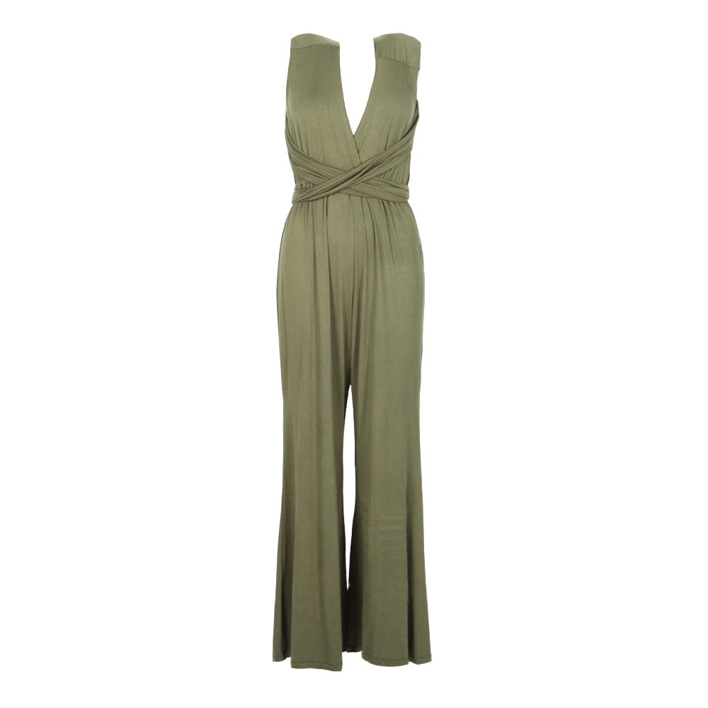 Elegant V-neck multiway wrap jumpsuit in luxurious fabric, showcasing a backless design and flowing legs, perfect for any occasion.