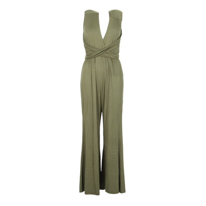 Elegant V-neck multiway wrap jumpsuit in luxurious fabric, showcasing a backless design and flowing legs, perfect for any occasion.