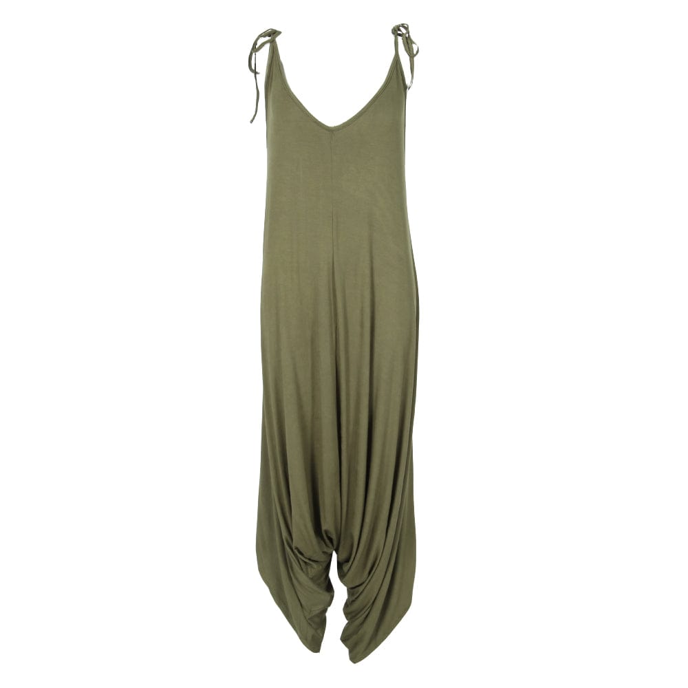 Chic green harem jumpsuit featuring a relaxed silhouette and adjustable shoulder ties, suitable for UK dress sizes 8-16.