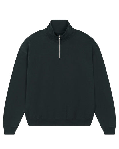 Elegant styling of the unisex oversized quarter zip sweatshirt, perfect for layering in cooler seasons, highlighting its chic design and sustainable fabric.