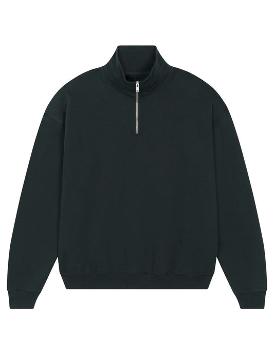 Elegant styling of the unisex oversized quarter zip sweatshirt, perfect for layering in cooler seasons, highlighting its chic design and sustainable fabric.