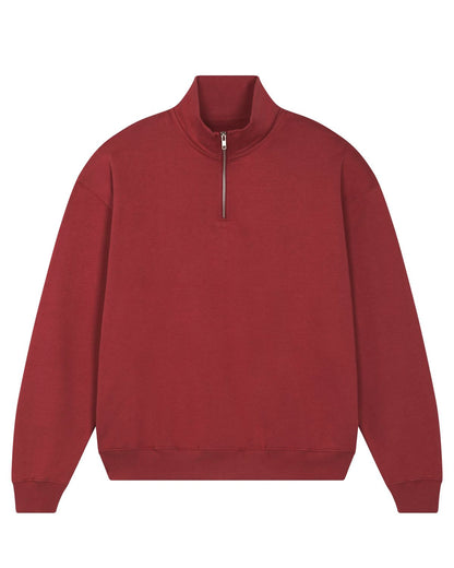 Luxurious unisex organic boxy quarter zip sweatshirt crafted from 100% cotton, showcasing an oversized fit for ultimate comfort and style available in sizes XXS to 3XL.