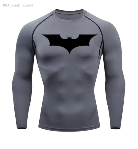 Sophisticated men's compression shirt in grey showcasing a classic black Batman logo, perfect for outdoor activities with sun protection.