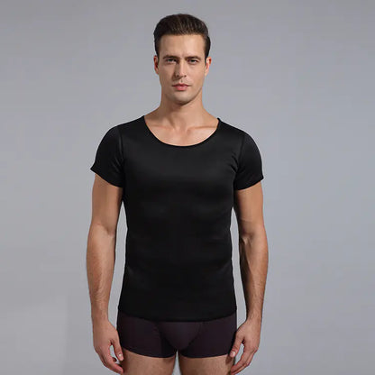 Stylish black short sleeve body shaper t-shirt for men, offering a flattering silhouette perfect for athletic performance and modern fashion.