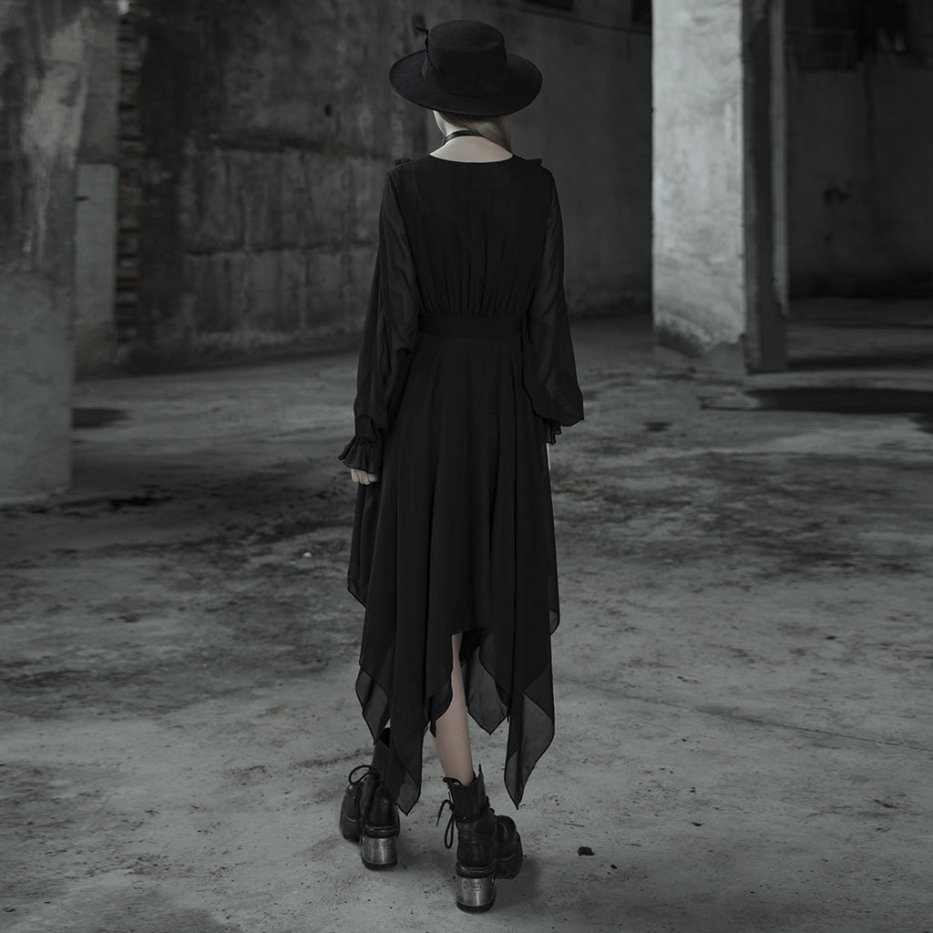 Elegant Punk Rave Angelina Gothic Chiffon Dress showcasing a V neckline and cinched waist, perfect for gothic fashion lovers.