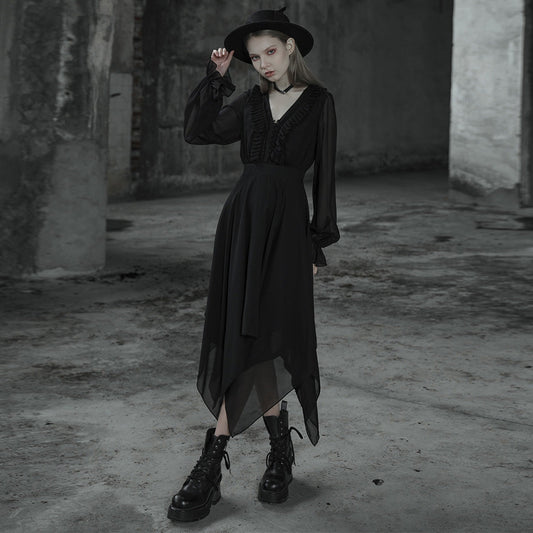 Elegant Punk Rave Angelina Gothic chiffon dress featuring a stunning V neckline and exquisite cinched waist, ideal for making a fashion statement.