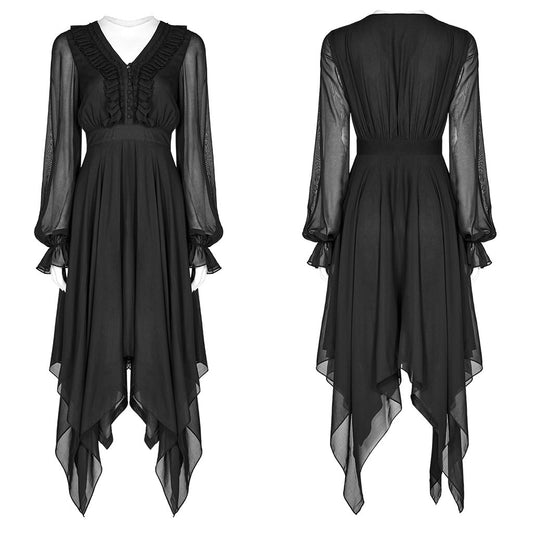 Punk Rave Angelina Gothic Chiffon Long Sleeve Handkerchief Dress featuring a V neckline and cinched waist, exuding ethereal elegance and dark charm, perfect for gothic fashion enthusiasts.