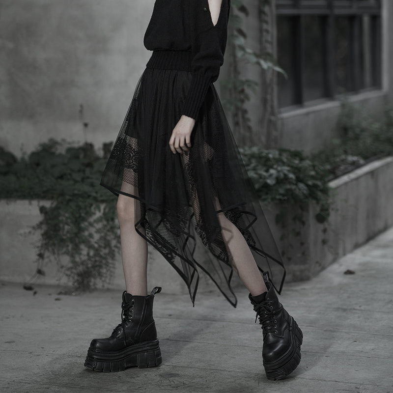 Punk Rave Caitlyn Handkerchief Skirt in Mesh & Lace - Gothic Elegance with Embroidered Waist