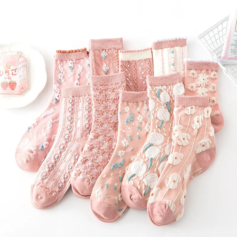 5 Pairs Women's Vintage Flower Embroidery Socks