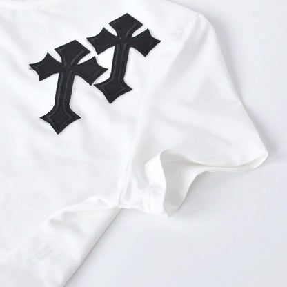 Dazzling Dreams Studio Women's Bless Up Embroidered Crop Tee styled with high-waisted joggers for a casual yet elegant look, perfect for day-to-night transitions.