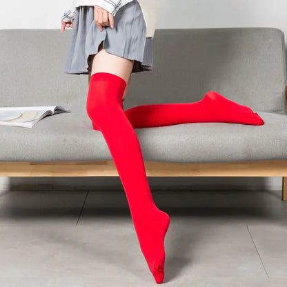 Stylish Women's Black White Solid Color Long Socks Stockings showcased in bold red, designed to add a chic touch to any outfit.