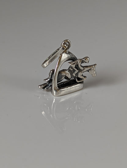 Silver Steed Jump Over a Stirrup, Stirrup & Jockey Silver Pendant