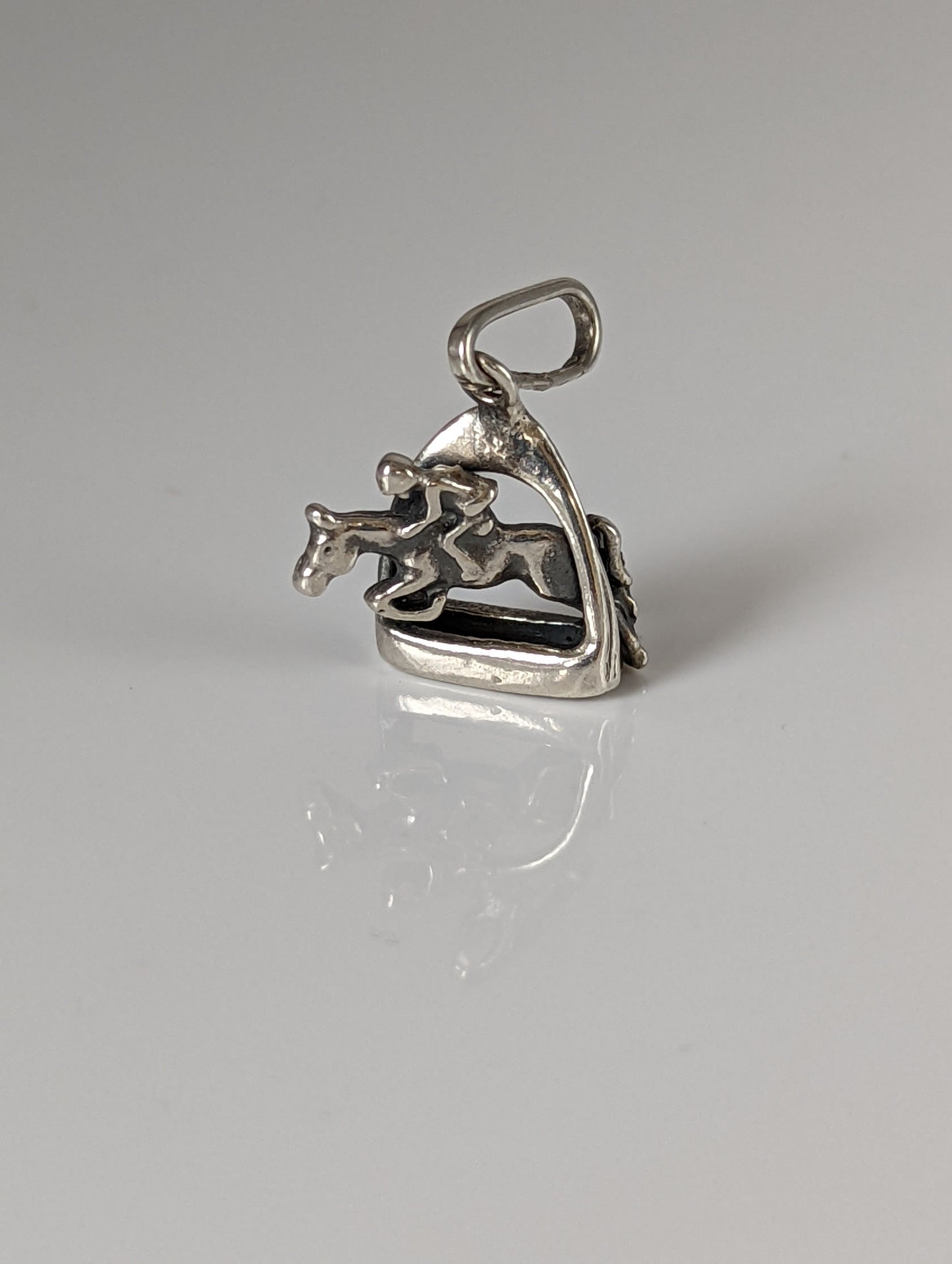 Silver Steed Jump Over a Stirrup, Stirrup & Jockey Silver Pendant