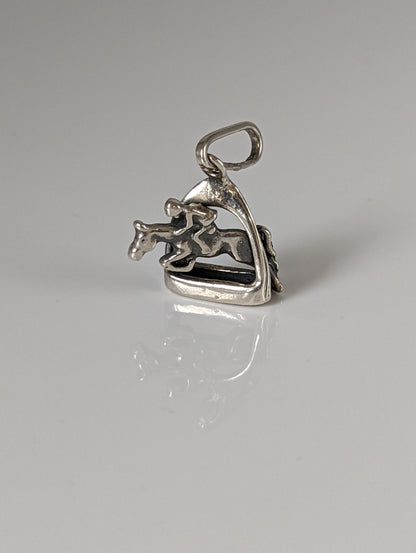 Silver Steed Jump Over a Stirrup, Stirrup & Jockey Silver Pendant