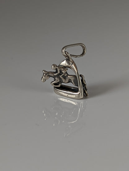 Silver Steed Jump Over a Stirrup, Stirrup & Jockey Silver Pendant