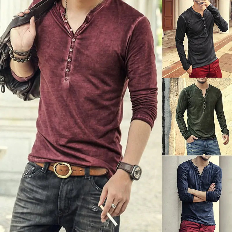 Men's Tee Shirt Button up V-Neck Long Sleeve