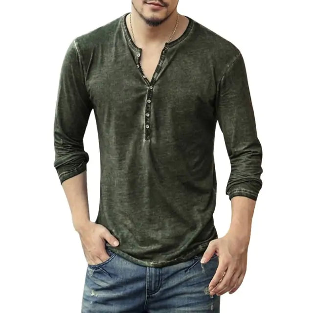 Men's Tee Shirt Button up V-Neck Long Sleeve