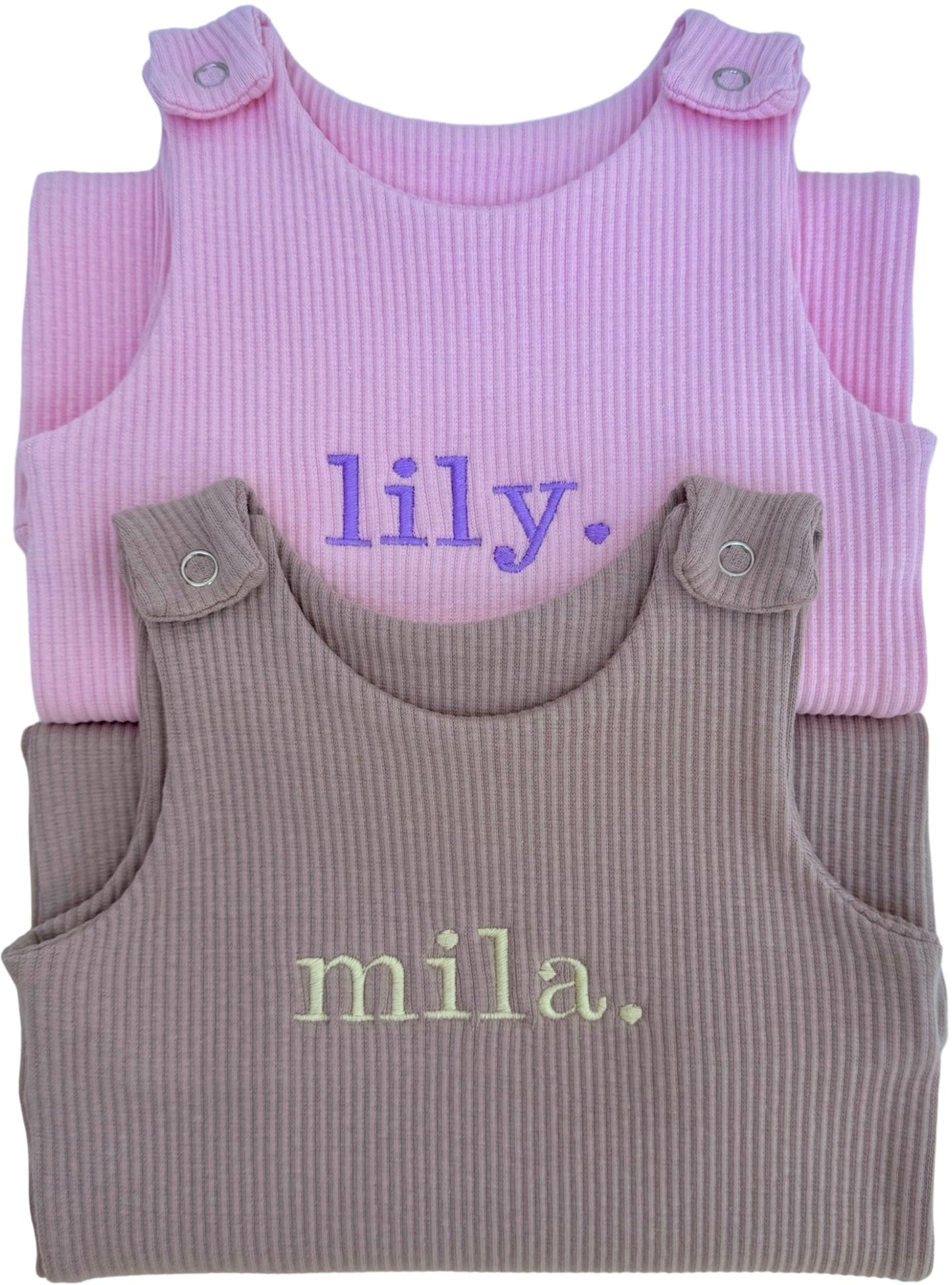 Personalised Velvet Mocha Dungarees Romper by DreamBuy for babies aged 0-3 years, crafted from soft cotton for ultimate comfort, perfect as a luxurious baby gift.