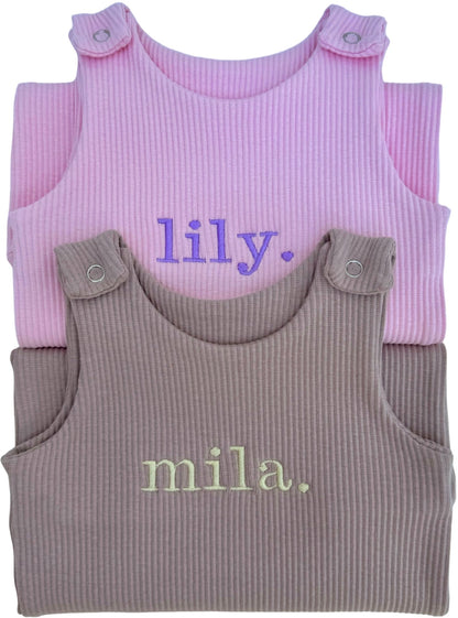 Personalised Velvet Mocha Dungarees Romper by DreamBuy for babies aged 0-3 years, crafted from soft cotton for ultimate comfort, perfect as a luxurious baby gift.