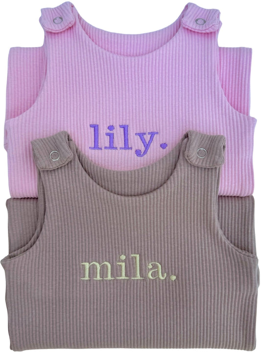 Personalised Velvet Mocha Dungarees Romper by DreamBuy for babies aged 0-3 years, crafted from soft cotton for ultimate comfort, perfect as a luxurious baby gift.