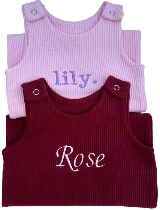 Luxury personalised claret red dungarees romper for babies by DreamBuy, crafted from 95% cotton and 5% spandex, perfect for sensitive skin, available in sizes for 0-3 years, ideal for stylish comfort and special occasions.