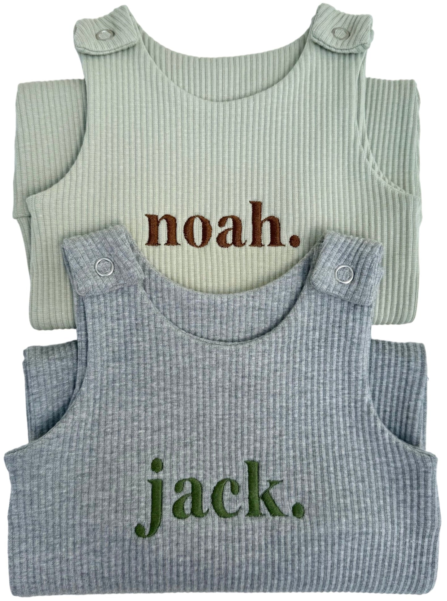 Luxury personalised dove grey dungarees for babies by DreamBuy, crafted from soft and breathable fabric, perfect for stylish comfort.