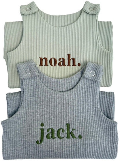 Luxury personalised dove grey dungarees for babies by DreamBuy, crafted from soft and breathable fabric, perfect for stylish comfort.