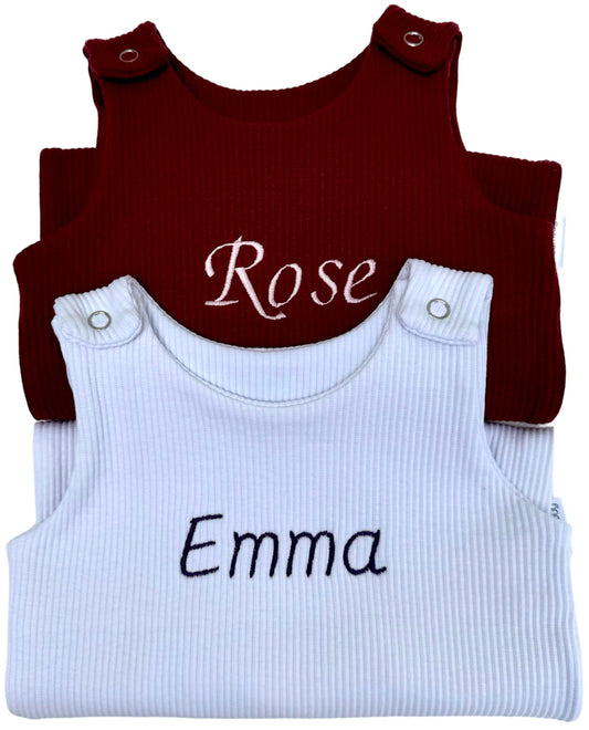Luxury personalised white baby dungarees romper by DreamBuy, ideal custom gift for boys and girls aged 0-3, showcasing exquisite embroidery.