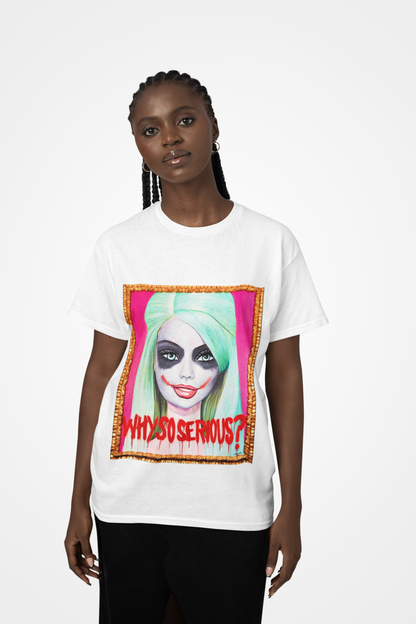 Sophisticated white t-shirt displaying a pop art interpretation of Joker Barbie, enhanced with luxurious framing and bold expressions, ideal for art aficionados.