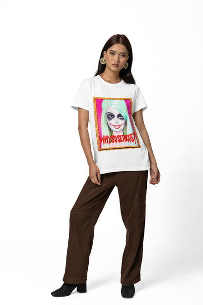Luxury graphic t-shirt featuring a Joker-themed Barbie design with vibrant colours and bold text, ideal for fashion-forward women.