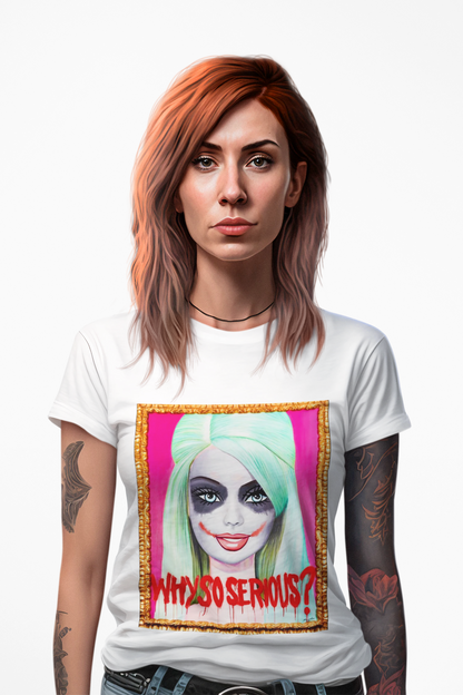 Artistic white graphic tee featuring a captivating Joker Barbie illustration, fusing edgy aesthetics with luxurious style, perfect for upscale casual wear.