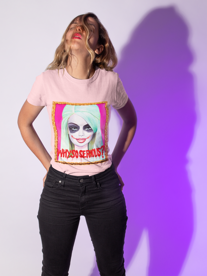Stylish individual showcasing the 'Why So Serious Joker Barbie Women's Slim Fit T-Shirt' in soft pink, accented with a unique Joker-inspired graphic and bold colours.