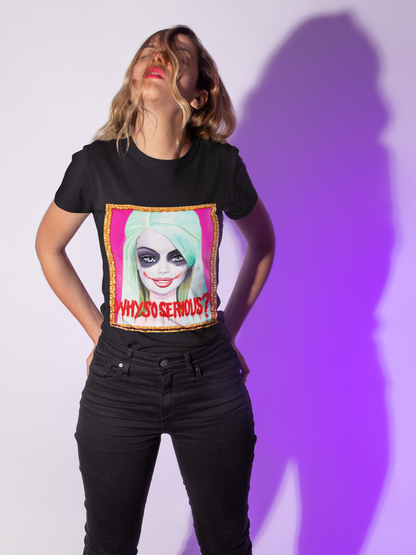 Elegant model wearing the 'Why So Serious Joker Barbie Women's Slim Fit T-Shirt' in black, featuring a whimsical pop art design with vivid colours and striking details.