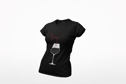 Funny Wine Lover Women's T-Shirt - And Now Wine graphic tee in classic black, showcasing a minimalist wine glass design with elegant red typography, ideal for wine lovers.