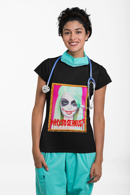 Chic black women's graphic tee showcasing a playful Barbie-Joker fusion, perfect for stylish medical professionals and pop culture enthusiasts.