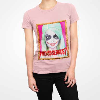 Elegant pink t-shirt with a striking Joker Barbie graphic, accentuated by vivid artwork and daring typography, tailored for contemporary fashion lovers.