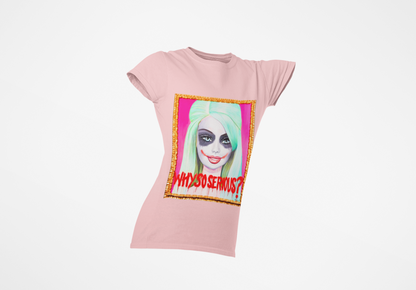 Dynamic view of the Why So Serious Joker Barbie women's graphic slim fit t-shirt, illustrating a colourful pop art graphic of a stylish character, ideal for a bold statement.