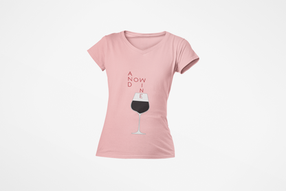 Funny Wine Lover Women's T-Shirt - And Now Wine v-neck tee in soft pink, featuring a refined wine glass graphic and contemporary typography, an exquisite choice for wine aficionados.