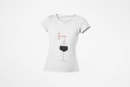 Funny Wine Lover Women's T-Shirt in a v-neck design featuring a comedic wine glass illustration, perfect for those who want to add a touch of humour and elegance to their collection.