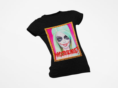 Chic black slim fit women's t-shirt adorned with a captivating pop art graphic of a whimsical Joker character, presenting a fusion of playful elegance and dark glamour.