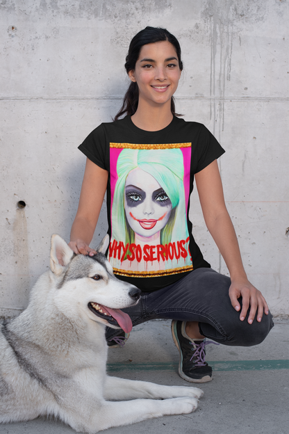 Playful model wearing the 'Why So Serious Joker Barbie Women's Slim Fit T-Shirt' in black, sitting beside a husky dog and showcasing a dynamic pop art design.