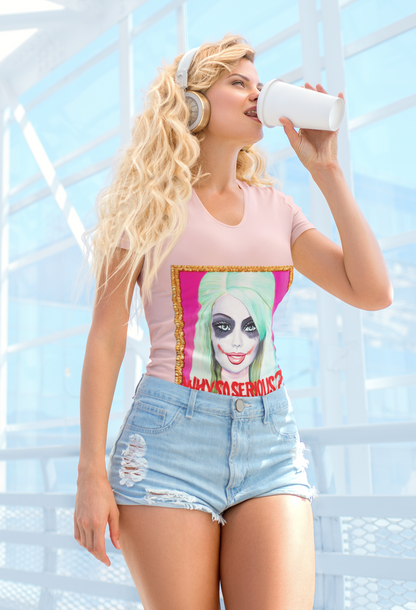 Stylish woman wearing the 'Why So Serious' Joker Barbie graphic slim fit t-shirt, enjoying a beverage in a modern setting, radiating confidence and chicness.