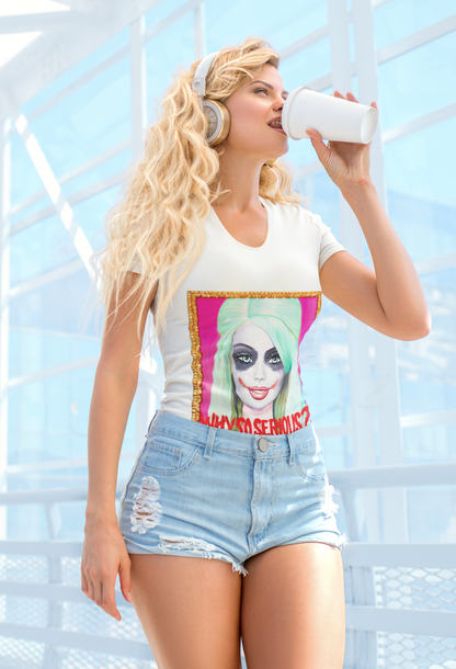 Model showcasing the 'Why So Serious' Joker Barbie women's graphic slim fit t-shirt in white, featuring vibrant pop art design and bold typography, paired with distressed denim shorts and stylish headphones against a bright, contemporary background.